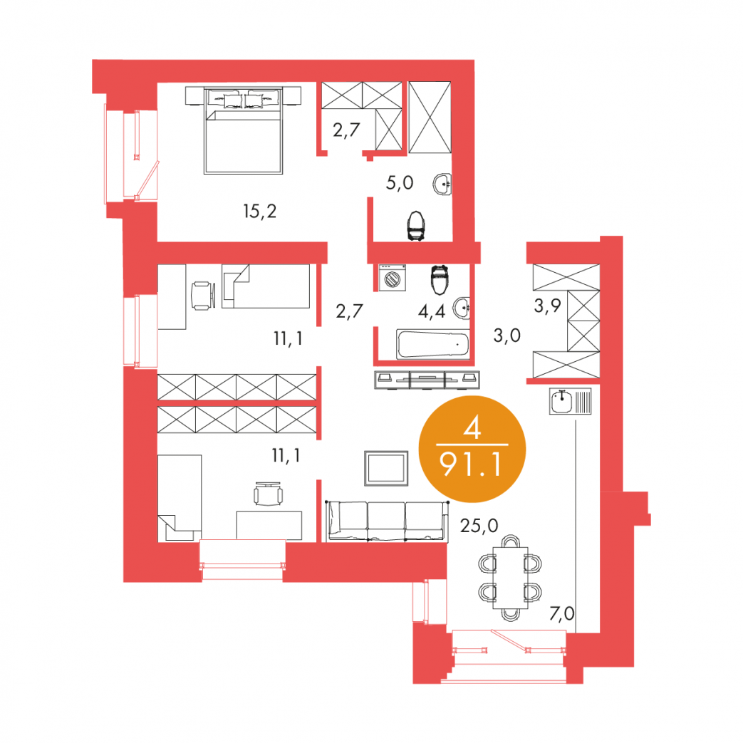 Фото объекта 4-комнатная квартира в БАРБАРИС, ул. Мужества, 6-й этаж, 4к, 91.10м² от застройщика Арбан — 12332