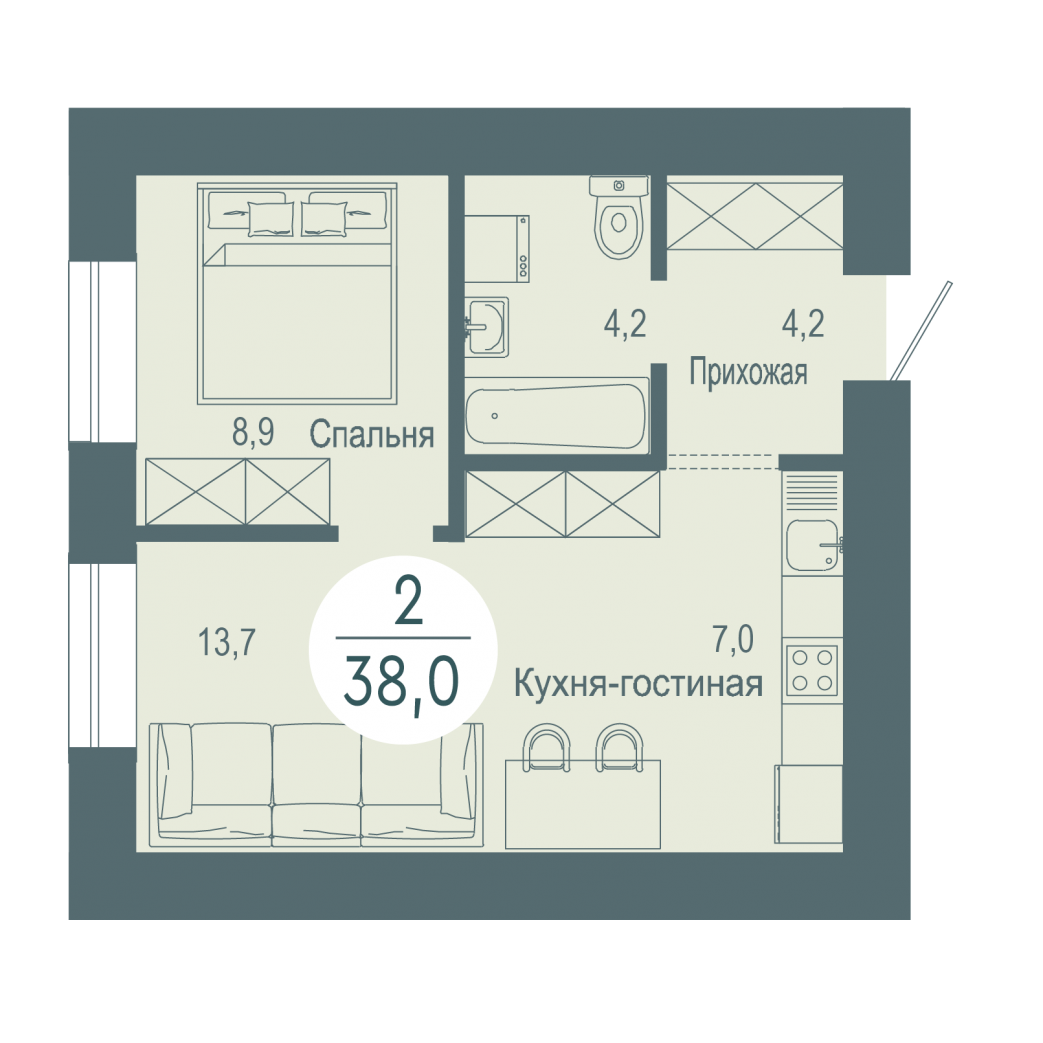 Фото объекта 2-комнатная квартира в SCANDIS OZERO, ул. Авиаторов, 2-й этаж, 2к, 38.00м² от застройщика Арбан — 10315
