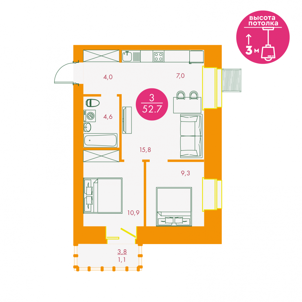 Фото объекта 3-комнатная квартира в Бульвар цветов, Караульная , 17-й этаж, 3к, 52.70м² от застройщика Арбан — 11529