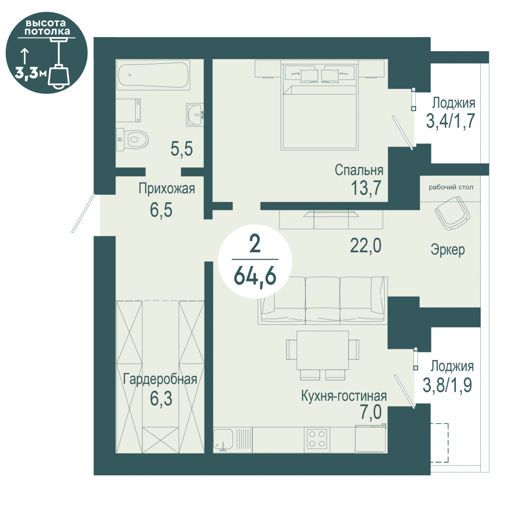 Фото объекта 2-комнатная квартира в SCANDIS OZERO, ул. Авиаторов, 17-й этаж, 2к, 64.60м² от застройщика Арбан — 10362