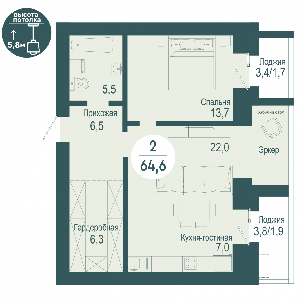 Фото объекта 2-комнатная квартира в SCANDIS OZERO, ул. Авиаторов, 17-й этаж, 2к, 64.60м² от застройщика Арбан — 4034