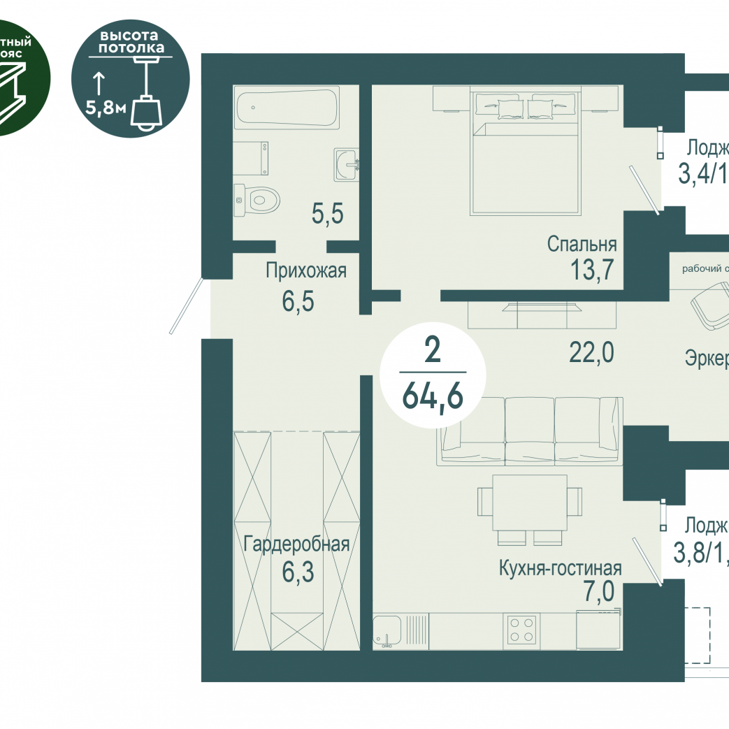 Фото объекта 2-комнатная квартира в SCANDIS OZERO, ул. Авиаторов, 17-й этаж, 2к, 64.60м² от застройщика Арбан — 4289