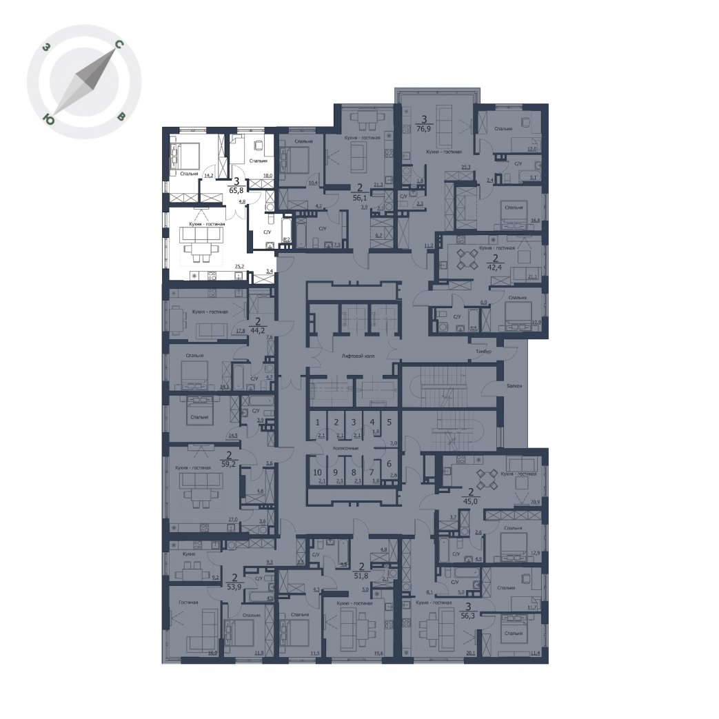 Фото объекта 3-комнатная квартира в Высотный микрорайон ЧИЖИ, ул. Петра Подзолкова, д.1, 9-й этаж, 3к, 65.80м² от застройщика Арбан — 18191