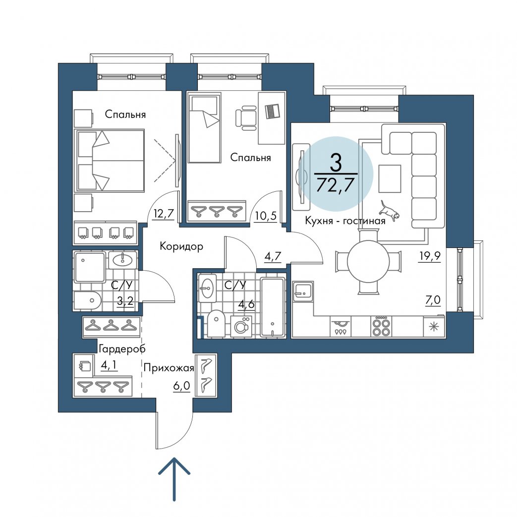 Фото объекта 3-комнатная квартира в ПОРТОВЫЙ - лофт-район на берегу Енисея, 2-й этаж, 3к, 72.70м² от застройщика Арбан — 20785