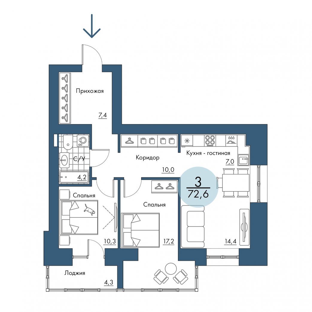 Фото объекта 3-комнатная квартира в ПОРТОВЫЙ - лофт-район на берегу Енисея, 17-й этаж, 3к, 72.60м² от застройщика Арбан — 20908