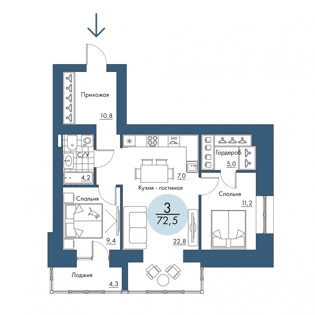 Фото объекта 3-комнатная квартира в ПОРТОВЫЙ - лофт-район на берегу Енисея, 3-й этаж, 3к, 72.50м² от застройщика Арбан — 20796
