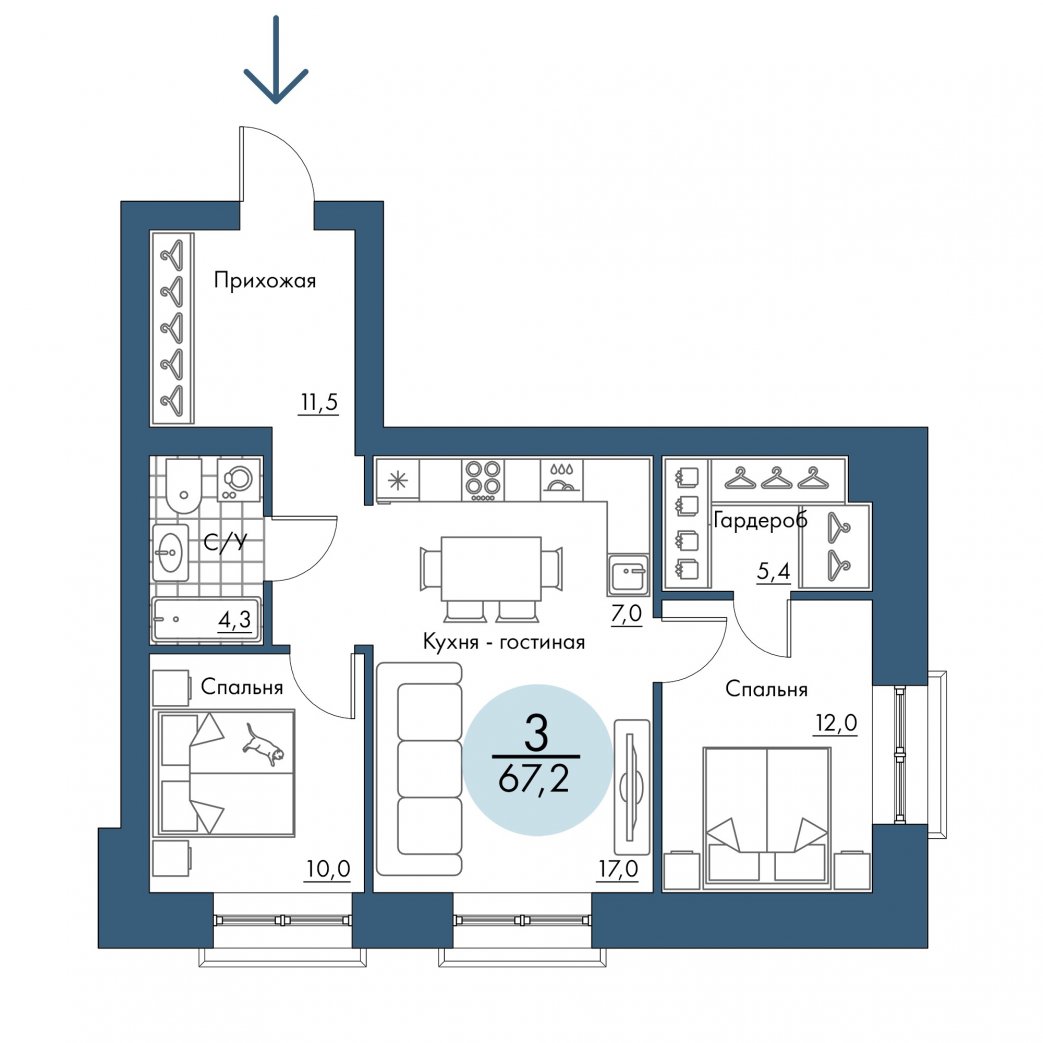Фото объекта 3-комнатная квартира в ПОРТОВЫЙ - лофт-район на берегу Енисея, 2-й этаж, 3к, 67.20м² от застройщика Арбан — 20788