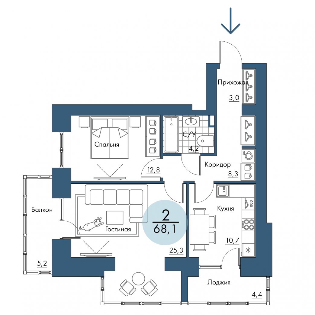 Фото объекта 2-комнатная квартира в ПОРТОВЫЙ - лофт-район на берегу Енисея, 11-й этаж, 2к, 68.10м² от застройщика Арбан — 20853