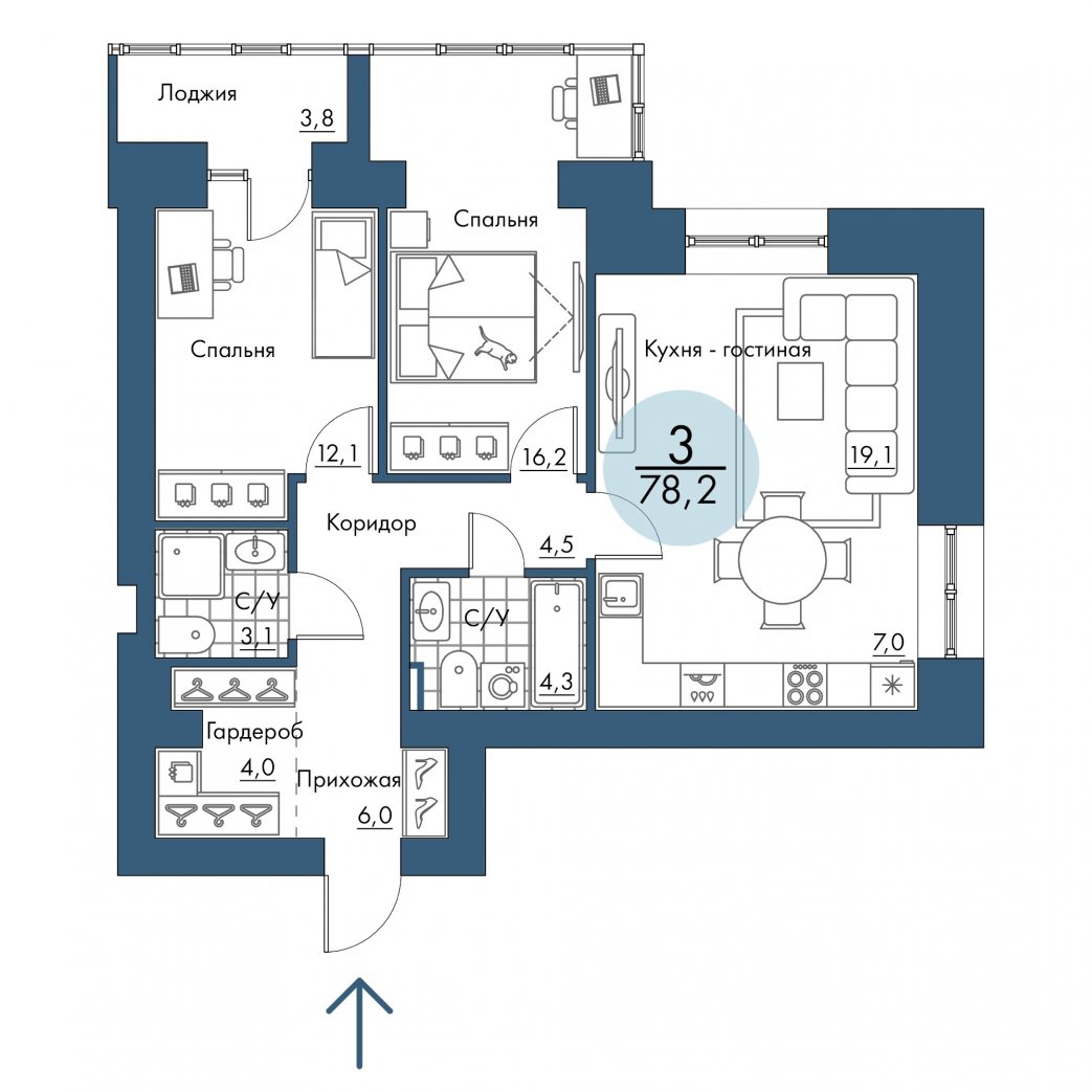 Фото объекта 3-комнатная квартира в ПОРТОВЫЙ - лофт-район на берегу Енисея, 3-й этаж, 3к, 78.20м² от застройщика Арбан — 20794