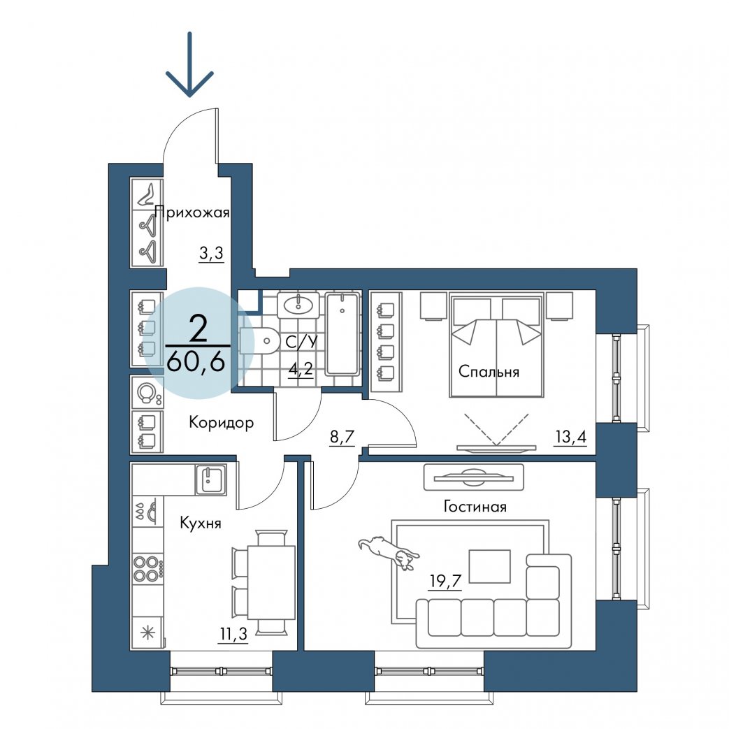 Фото объекта 2-комнатная квартира в ПОРТОВЫЙ - лофт-район на берегу Енисея, 2-й этаж, 2к, 60.60м² от застройщика Арбан — 20916