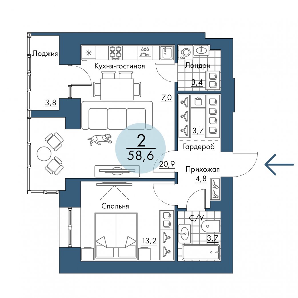 Фото объекта 2-комнатная квартира в ПОРТОВЫЙ - лофт-район на берегу Енисея, 11-й этаж, 2к, 58.60м² от застройщика Арбан — 20982