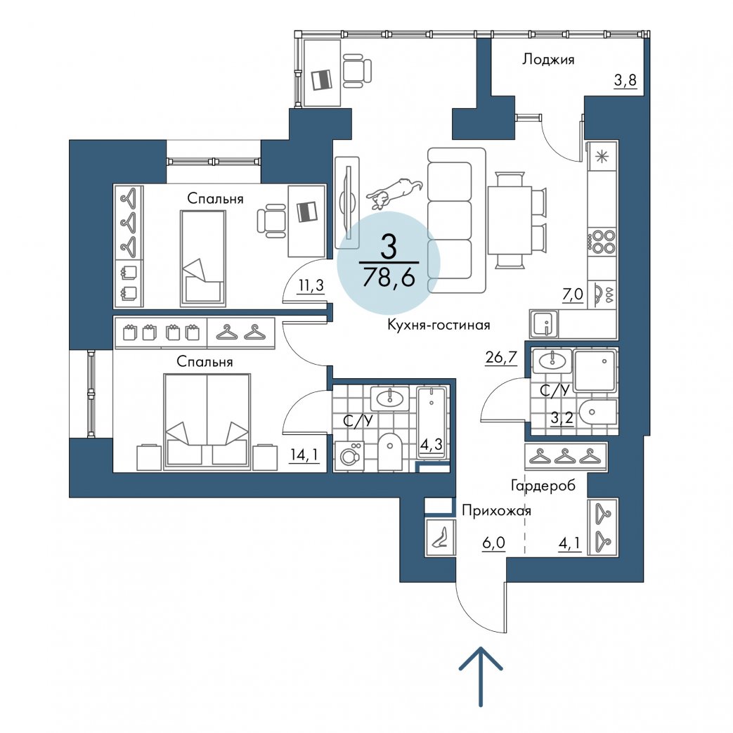 Фото объекта 3-комнатная квартира в ПОРТОВЫЙ - лофт-район на берегу Енисея, 3-й этаж, 3к, 78.60м² от застройщика Арбан — 20920