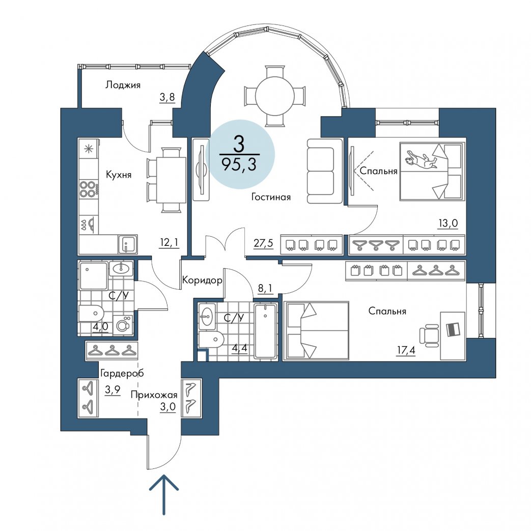Фото объекта 3-комнатная квартира в ПОРТОВЫЙ - лофт-район на берегу Енисея, 4-й этаж, 3к, 95.30м² от застройщика Арбан — 20929