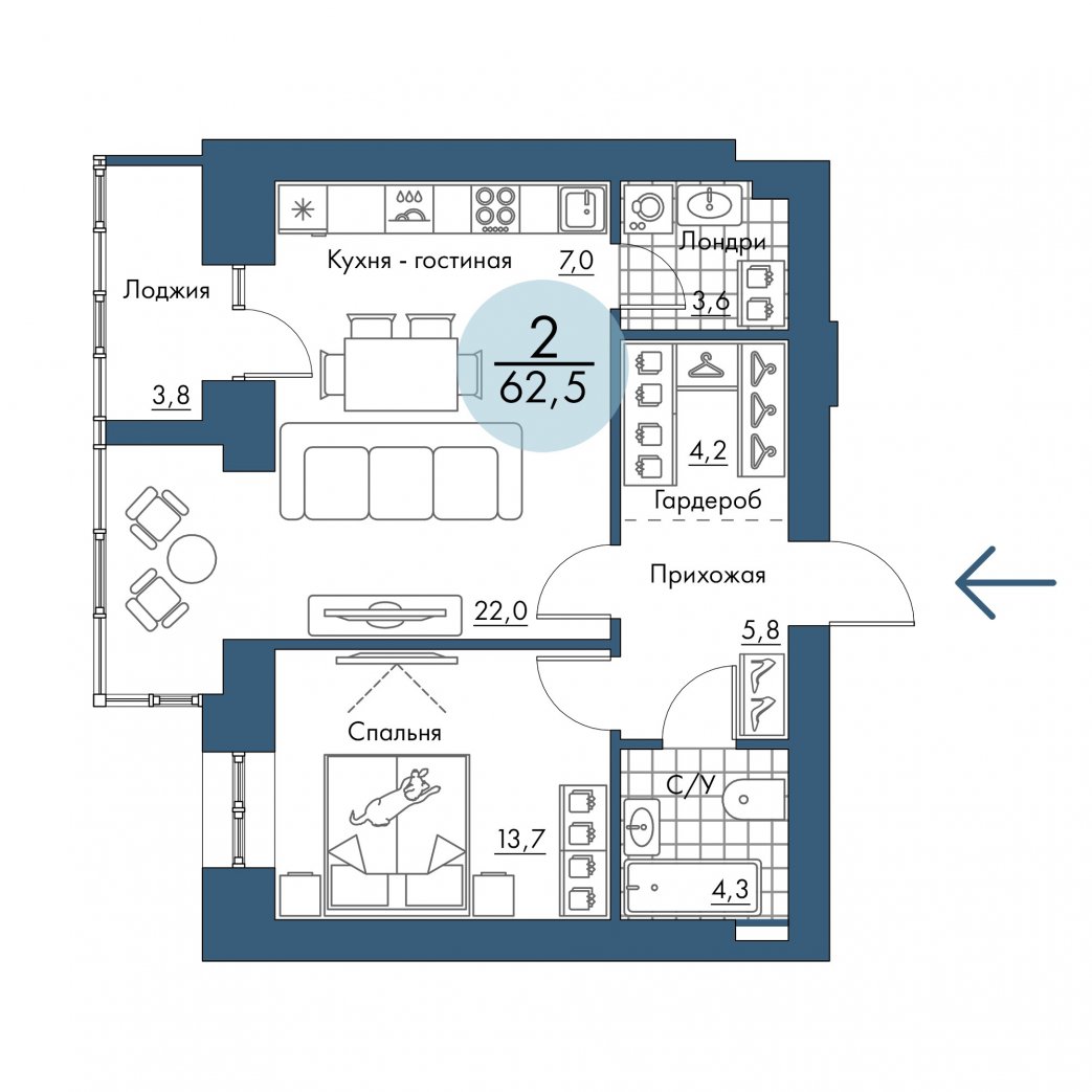 Фото объекта 2-комнатная квартира в ПОРТОВЫЙ - лофт-район на берегу Енисея, 16-й этаж, 2к, 62.50м² от застройщика Арбан — 20894