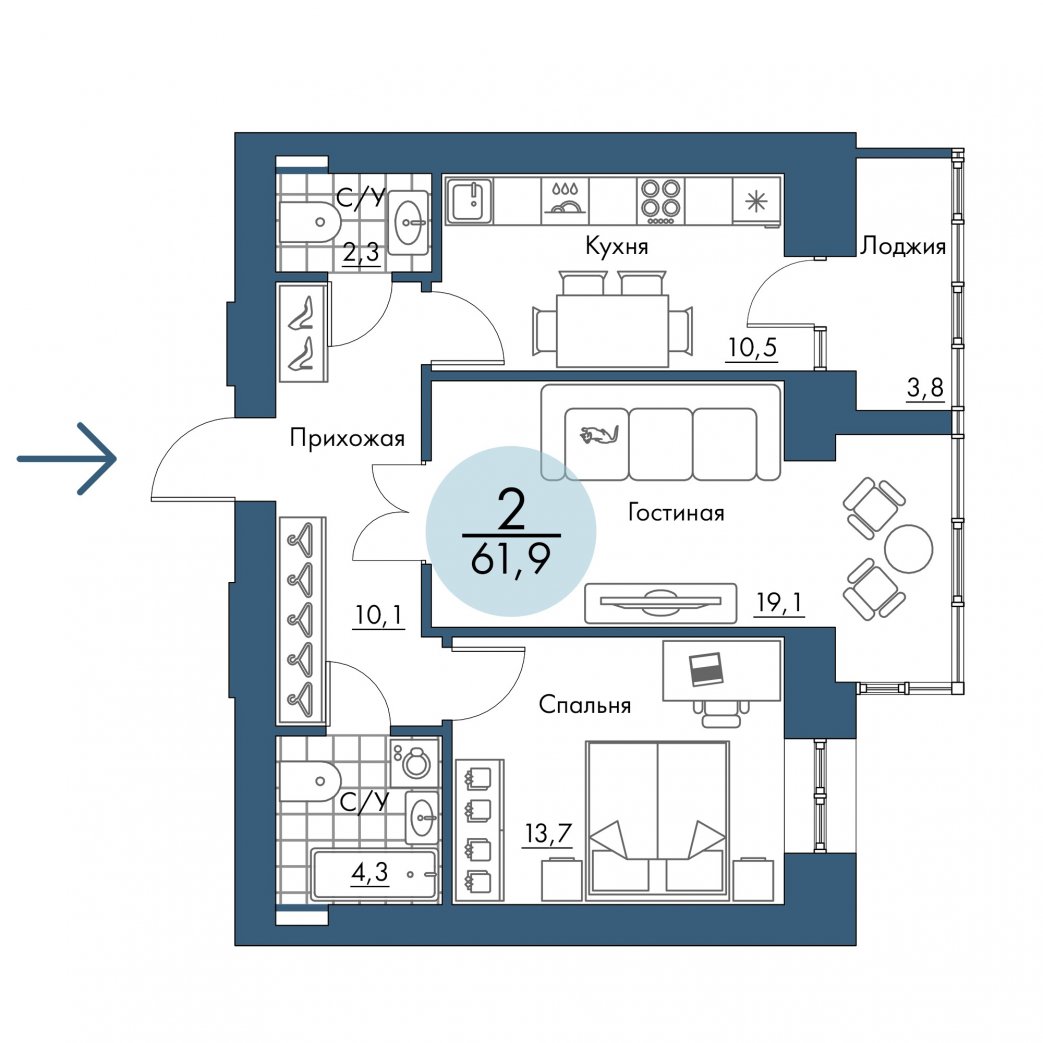 Фото объекта 2-комнатная квартира в ПОРТОВЫЙ - лофт-район на берегу Енисея, 6-й этаж, 2к, 61.90м² от застройщика Арбан — 20947