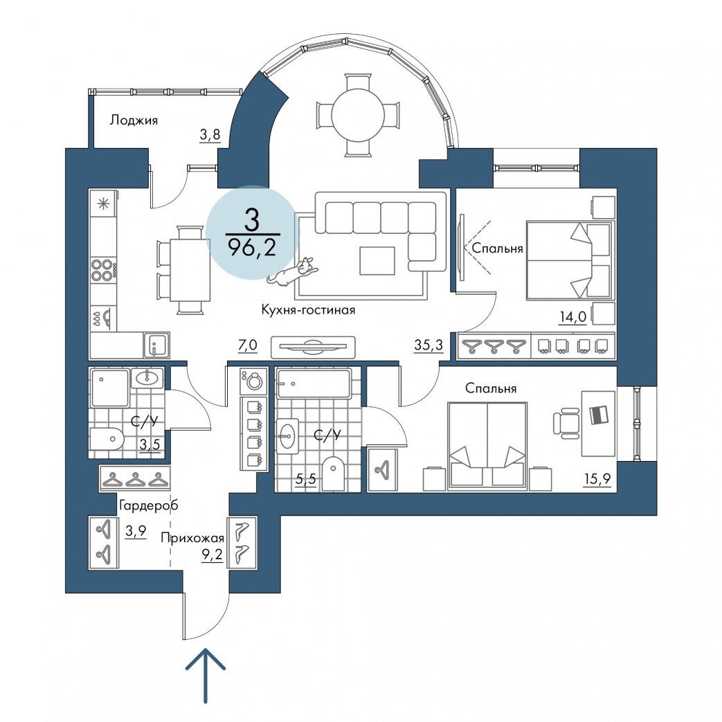 Фото объекта 3-комнатная квартира в ПОРТОВЫЙ - лофт-район на берегу Енисея, 5-й этаж, 3к, 96.20м² от застройщика Арбан — 20937