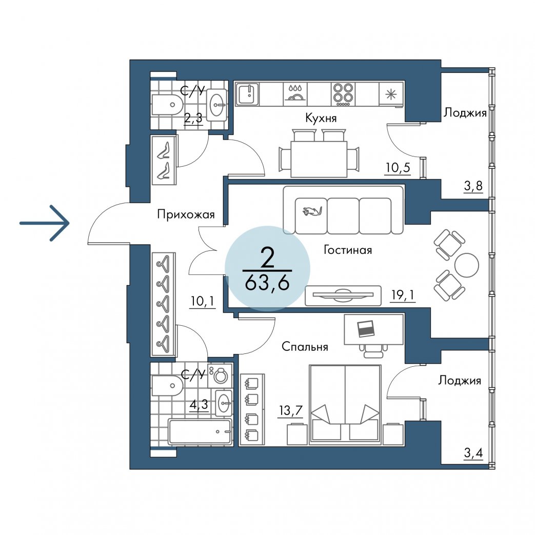 Фото объекта 2-комнатная квартира в ПОРТОВЫЙ - лофт-район на берегу Енисея, 5-й этаж, 2к, 63.60м² от застройщика Арбан — 20939