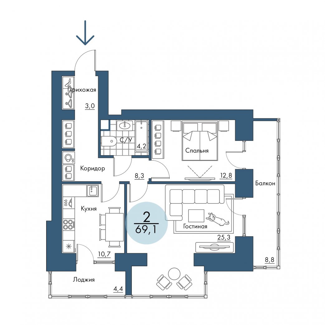 Фото объекта 2-комнатная квартира в ПОРТОВЫЙ - лофт-район на берегу Енисея, 5-й этаж, 2к, 69.10м² от застройщика Арбан — 20940