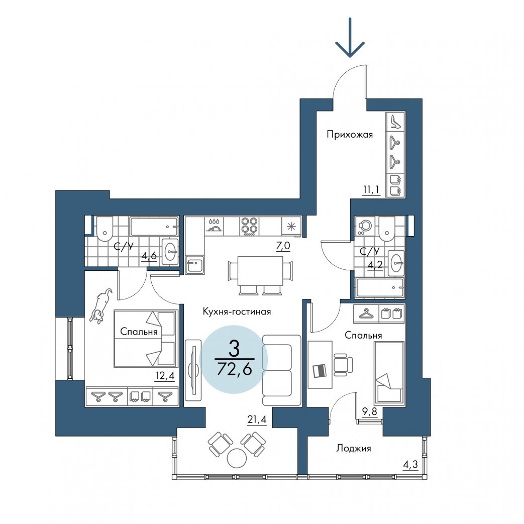 Фото объекта 3-комнатная квартира в ПОРТОВЫЙ - лофт-район на берегу Енисея, 10-й этаж, 3к, 72.60м² от застройщика Арбан — 20973