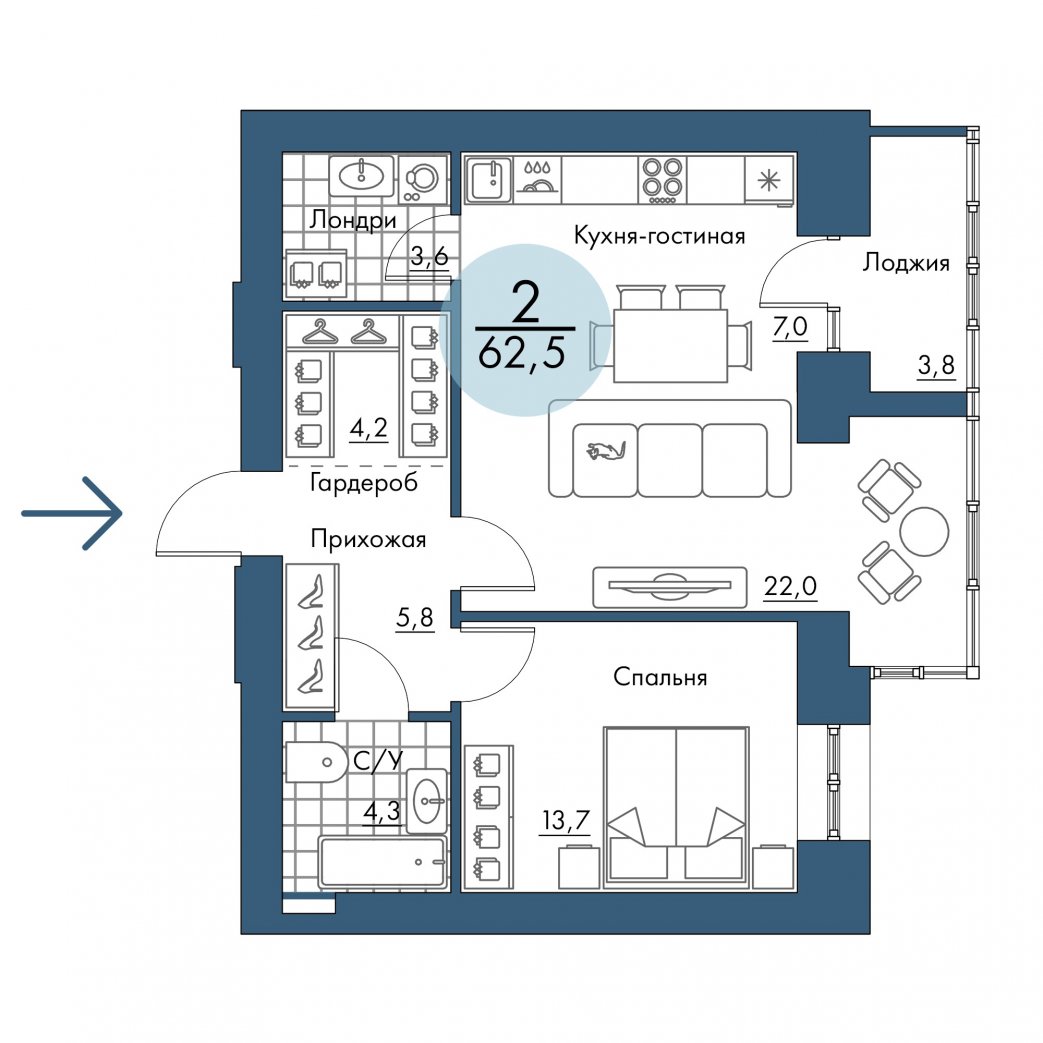 Фото объекта 2-комнатная квартира в ПОРТОВЫЙ - лофт-район на берегу Енисея, 15-й этаж, 2к, 62.50м² от застройщика Арбан — 21018
