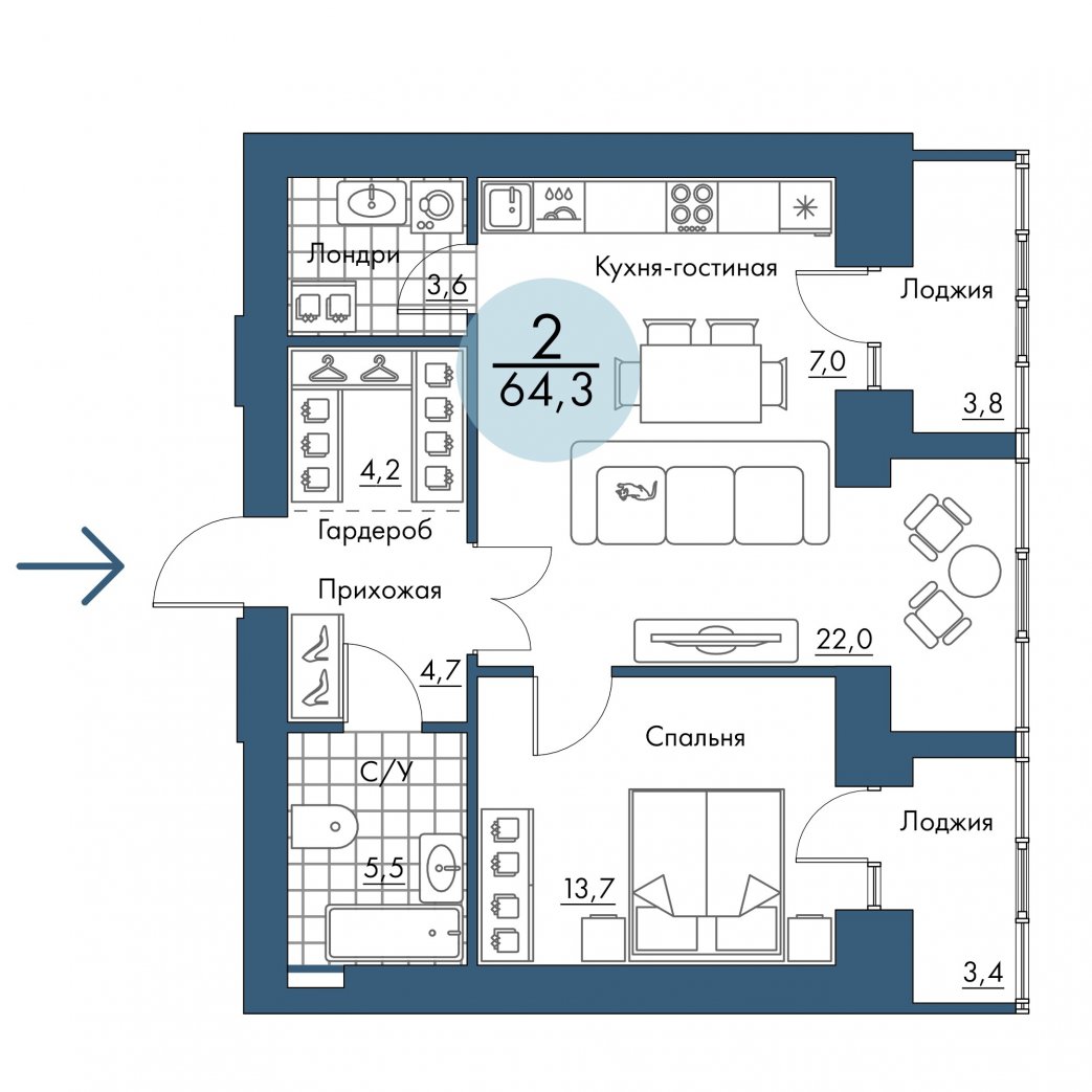 Фото объекта 2-комнатная квартира в ПОРТОВЫЙ - лофт-район на берегу Енисея, 13-й этаж, 2к, 64.30м² от застройщика Арбан — 20999