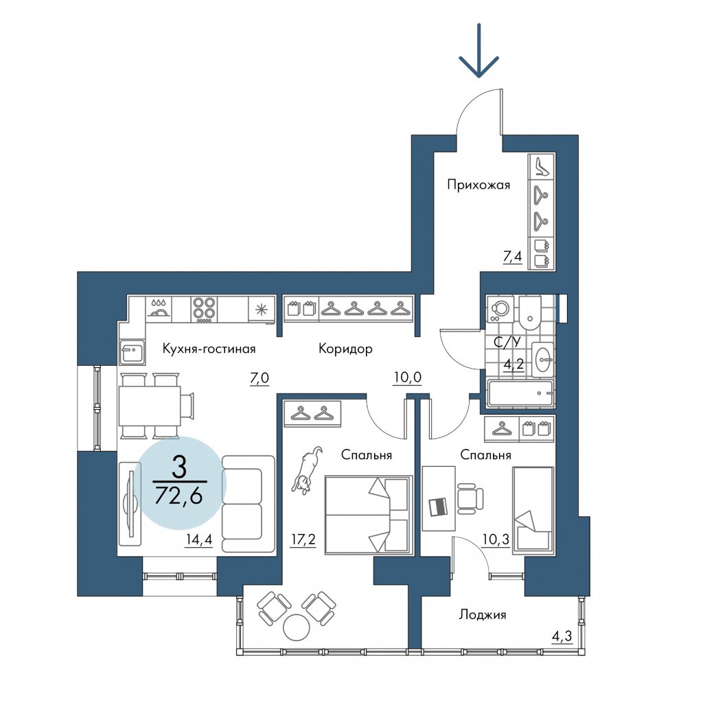 Фото объекта 3-комнатная квартира в ПОРТОВЫЙ - лофт-район на берегу Енисея, 17-й этаж, 3к, 72.60м² от застройщика Арбан — 21029