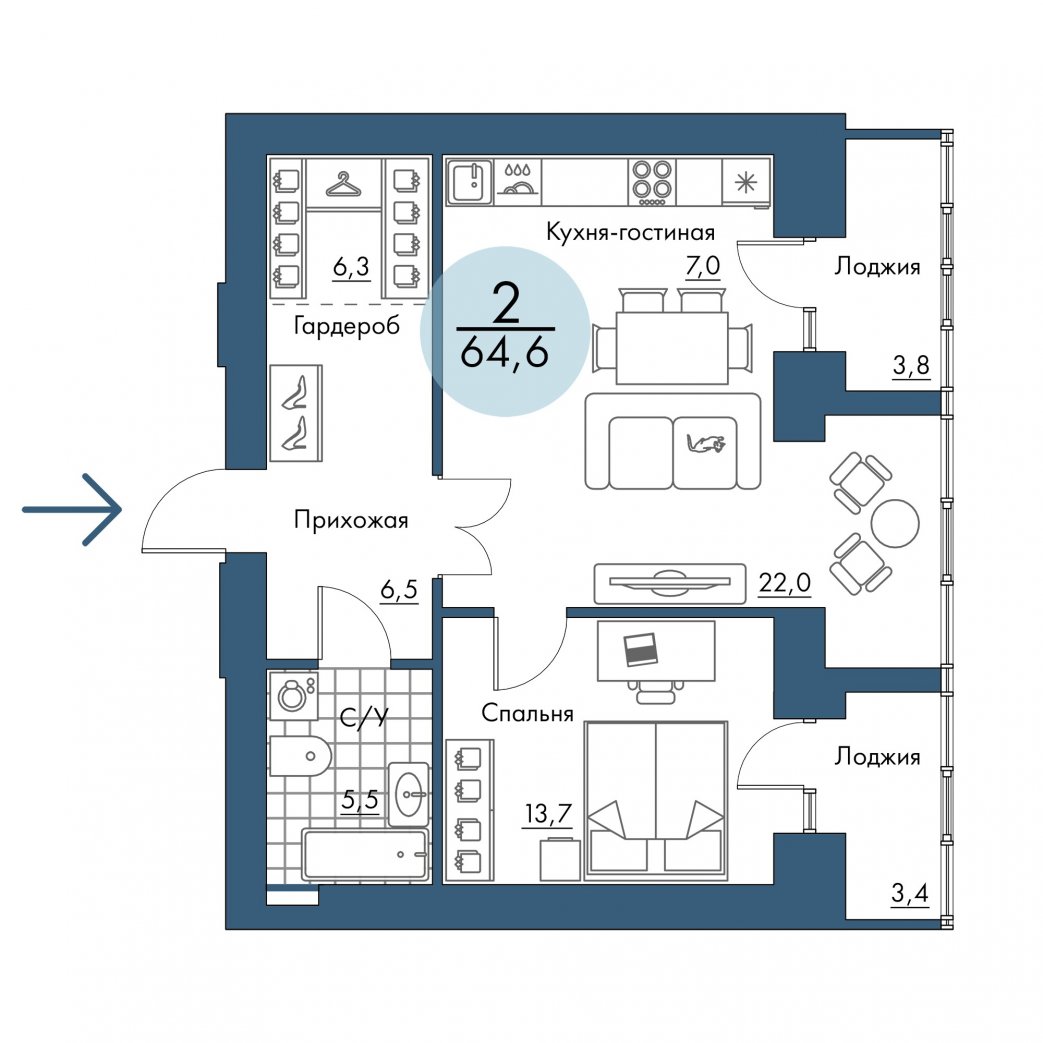 Фото объекта 2-комнатная квартира в ПОРТОВЫЙ - лофт-район на берегу Енисея, 17-й этаж, 2к, 64.60м² от застройщика Арбан — 21035