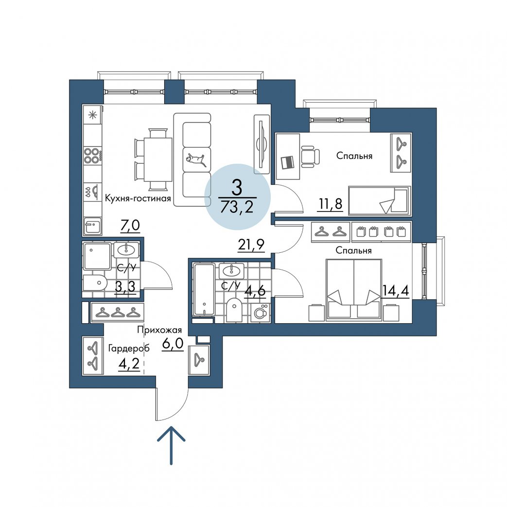 Фото объекта 3-комнатная квартира в ПОРТОВЫЙ - лофт-район на берегу Енисея, 2-й этаж, 3к, 73.20м² от застройщика Арбан — 21041