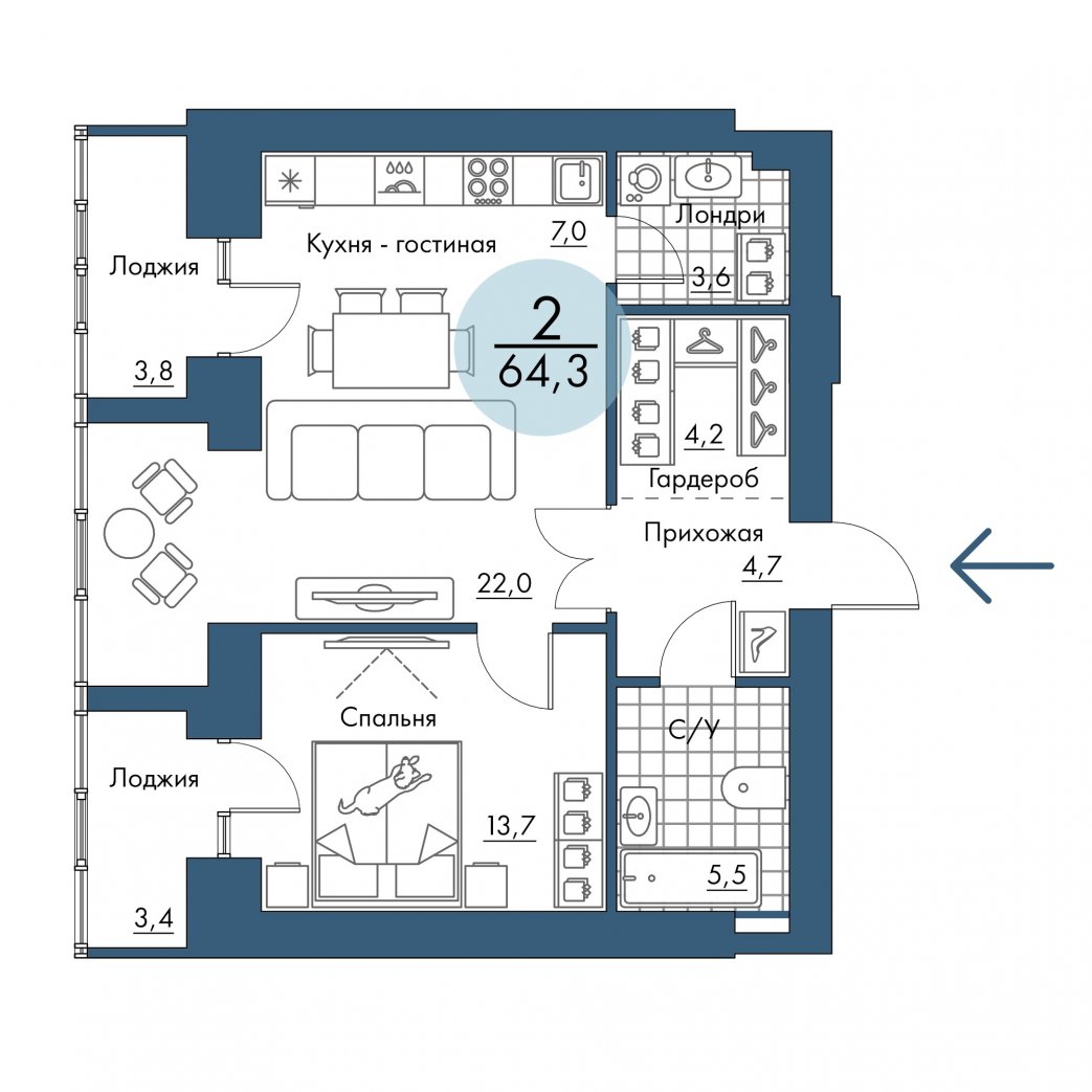 Фото объекта 2-комнатная квартира в ПОРТОВЫЙ - лофт-район на берегу Енисея, 14-й этаж, 2к, 64.30м² от застройщика Арбан — 20878