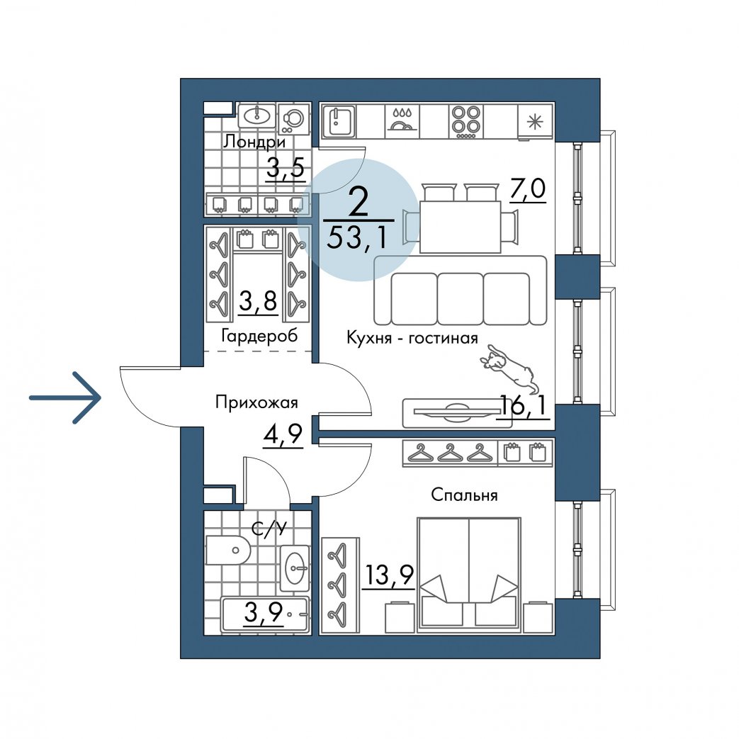 Фото объекта 2-комнатная квартира в ПОРТОВЫЙ - лофт-район на берегу Енисея, 2-й этаж, 2к, 53.10м² от застройщика Арбан — 21043