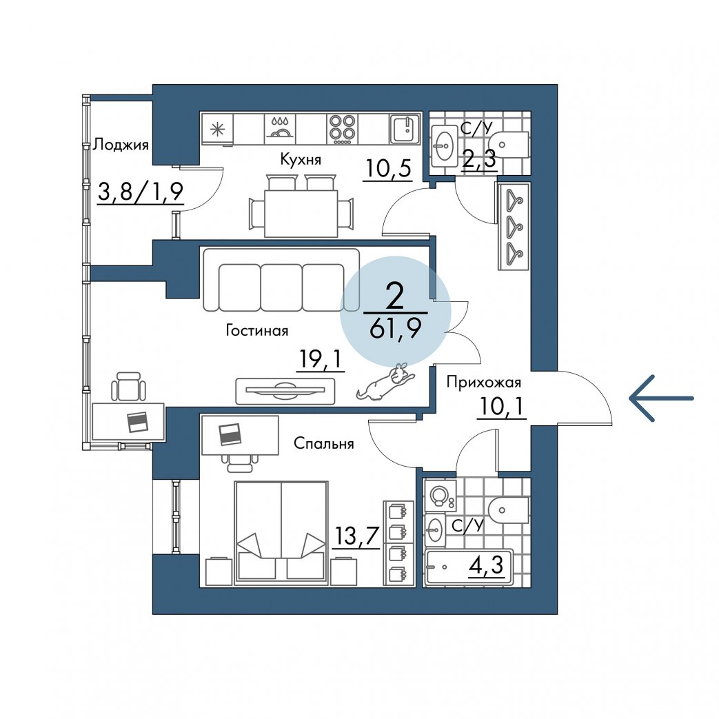 Фото объекта 2-комнатная квартира в ПОРТОВЫЙ - лофт-район на берегу Енисея, 9-й этаж, 2к, 61.90м² от застройщика Арбан — 21094