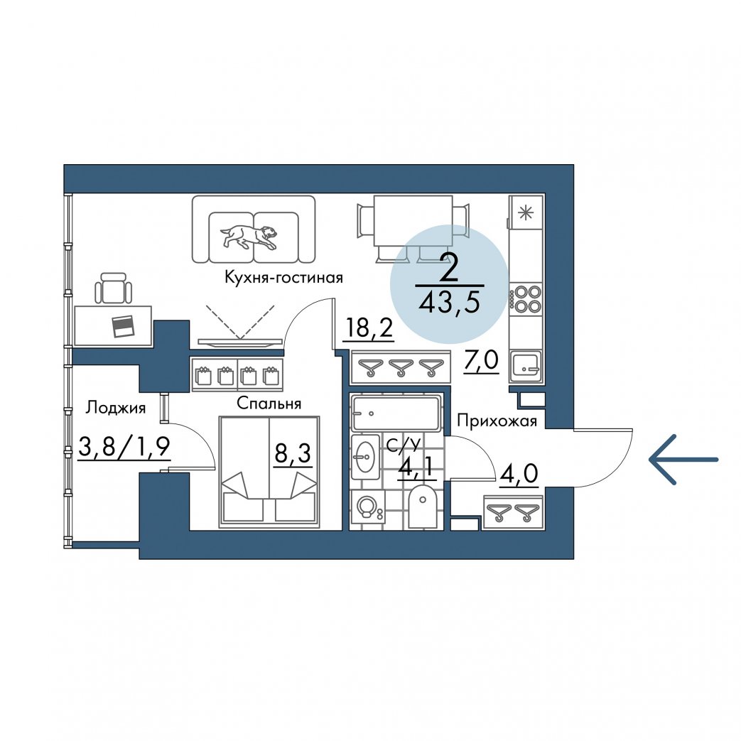 Фото объекта 2-комнатная квартира в ПОРТОВЫЙ - лофт-район на берегу Енисея, 4-й этаж, 2к, 43.50м² от застройщика Арбан — 21055
