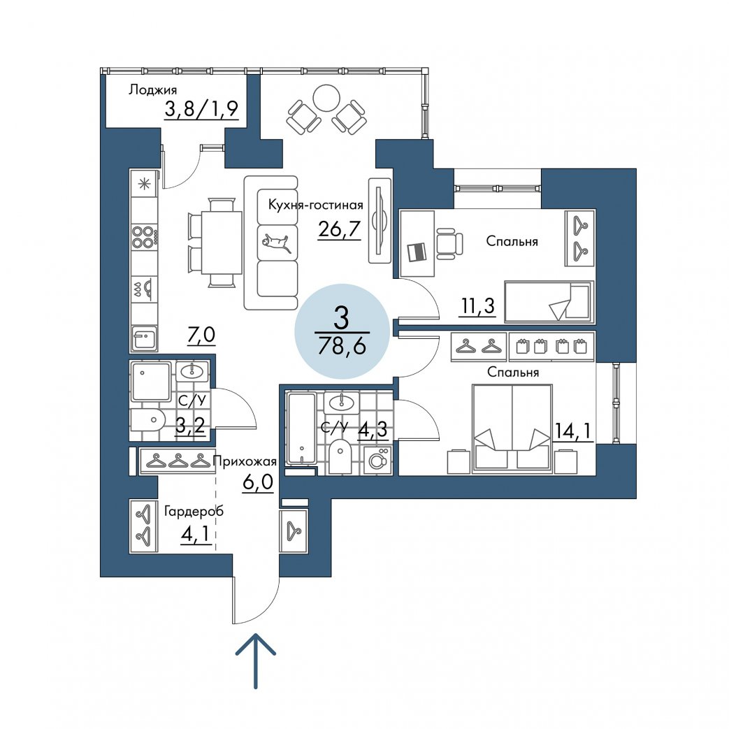 Фото объекта 3-комнатная квартира в ПОРТОВЫЙ - лофт-район на берегу Енисея, 11-й этаж, 3к, 78.60м² от застройщика Арбан — 21113