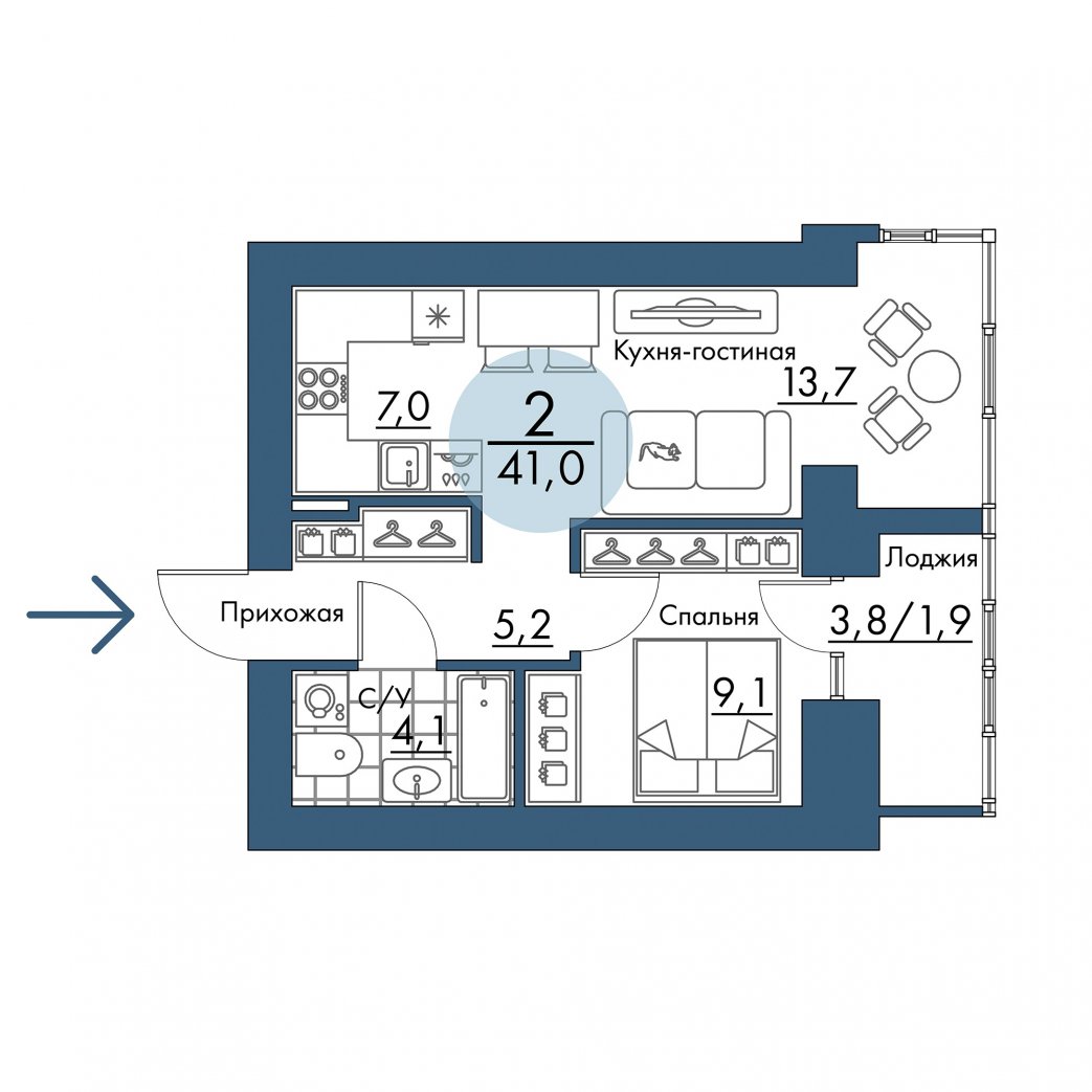 Фото объекта 2-комнатная квартира в ПОРТОВЫЙ - лофт-район на берегу Енисея, 17-й этаж, 2к, 41.00м² от застройщика Арбан — 21162
