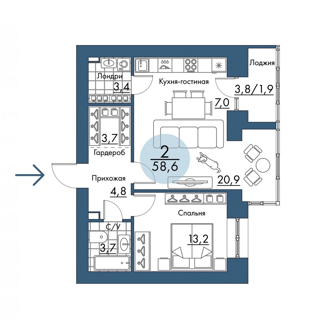 Фото объекта 2-комнатная квартира в ПОРТОВЫЙ - лофт-район на берегу Енисея, 5-й этаж, 2к, 58.60м² от застройщика Арбан — 21067