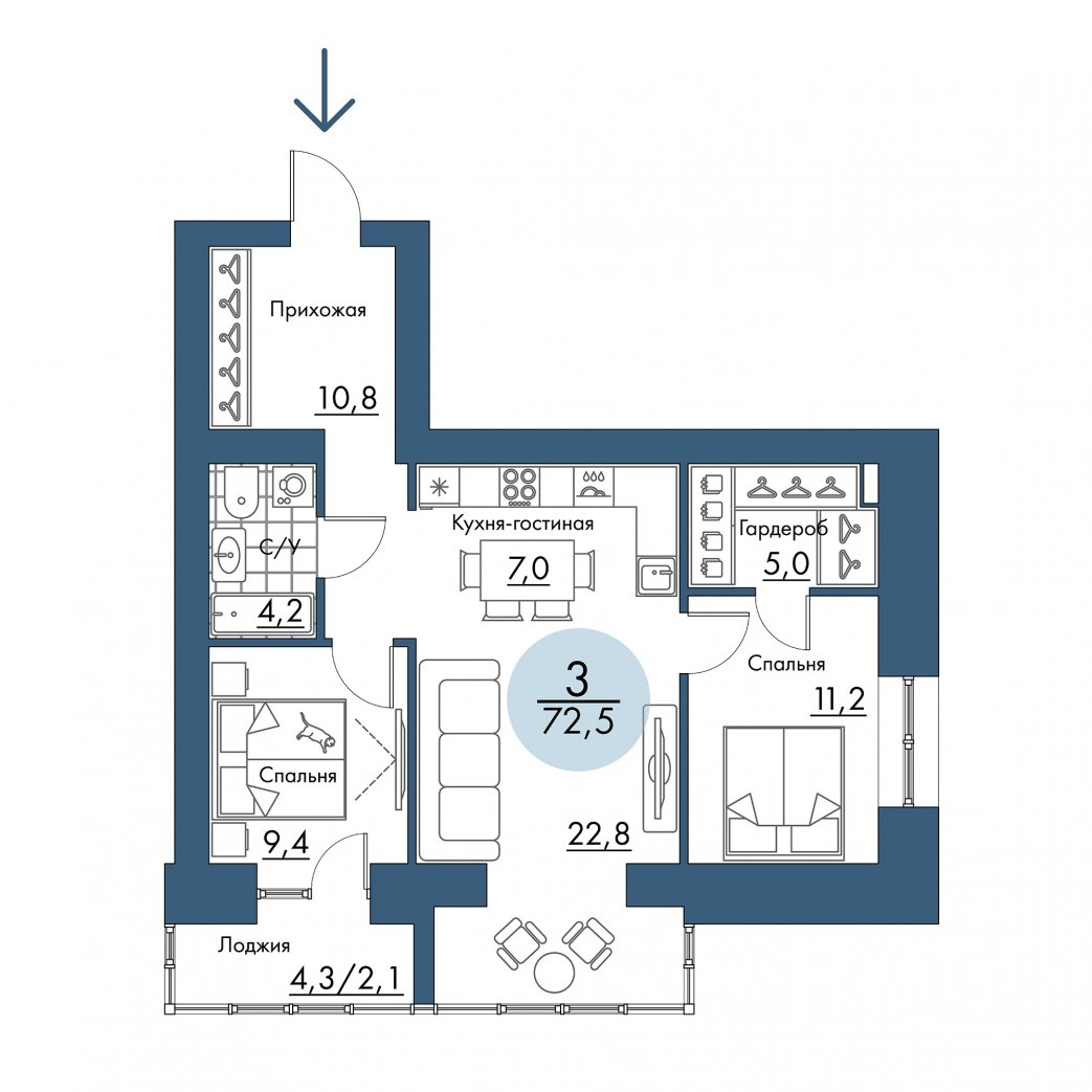 Фото объекта 3-комнатная квартира в ПОРТОВЫЙ - лофт-район на берегу Енисея, 5-й этаж, 3к, 72.50м² от застройщика Арбан — 21068