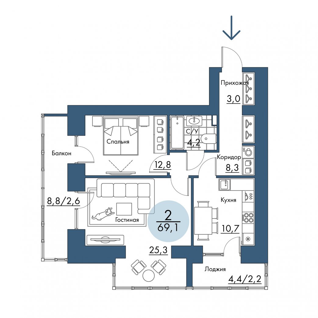 Фото объекта 2-комнатная квартира в ПОРТОВЫЙ - лофт-район на берегу Енисея, 5-й этаж, 2к, 69.10м² от застройщика Арбан — 21061