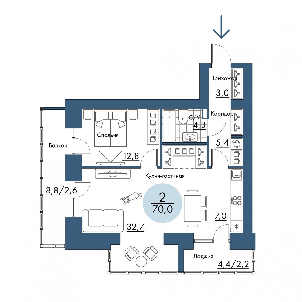 Фото объекта 2-комнатная квартира в ПОРТОВЫЙ - лофт-район на берегу Енисея, 13-й этаж, 2к, 70.00м² от застройщика Арбан — 21125
