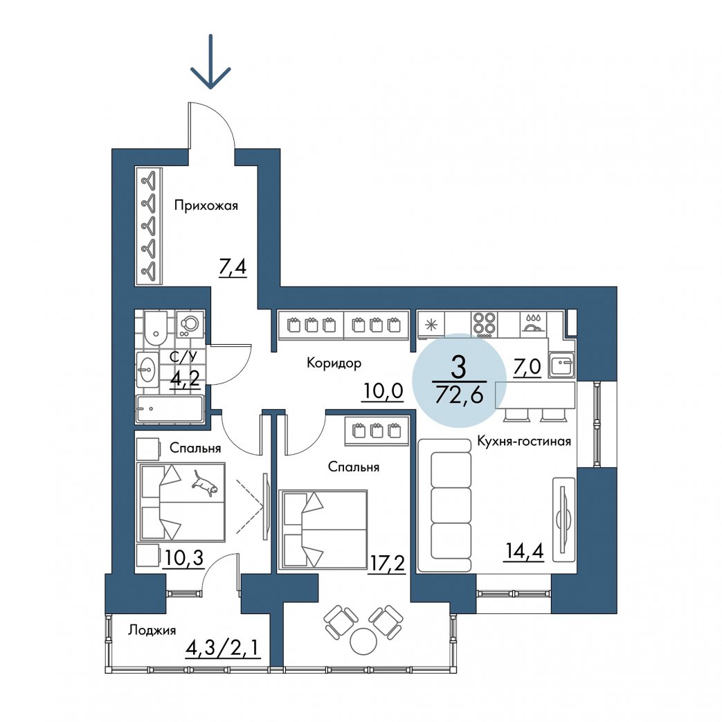 Фото объекта 3-комнатная квартира в ПОРТОВЫЙ - лофт-район на берегу Енисея, 14-й этаж, 3к, 72.60м² от застройщика Арбан — 21140