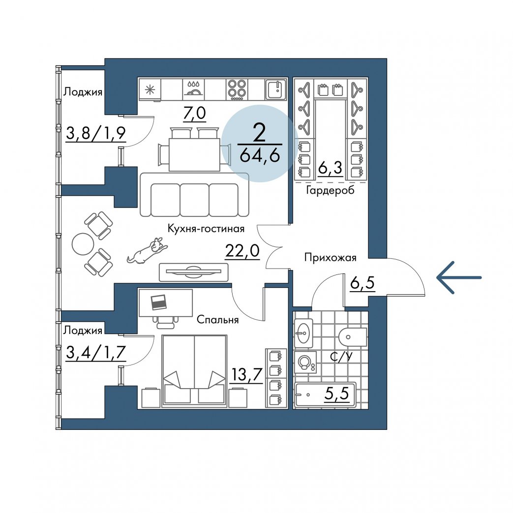 Фото объекта 2-комнатная квартира в ПОРТОВЫЙ - лофт-район на берегу Енисея, 17-й этаж, 2к, 64.60м² от застройщика Арбан — 21158