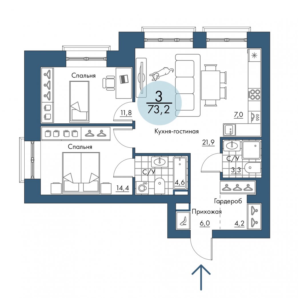 Фото объекта 3-комнатная квартира в ПОРТОВЫЙ - лофт-район на берегу Енисея, 2-й этаж, 3к, 73.20м² от застройщика Арбан — 20912