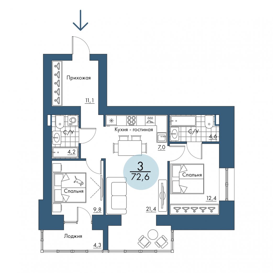 Фото объекта 3-комнатная квартира в ПОРТОВЫЙ - лофт-район на берегу Енисея, 9-й этаж, 3к, 72.60м² от застройщика Арбан — 20844