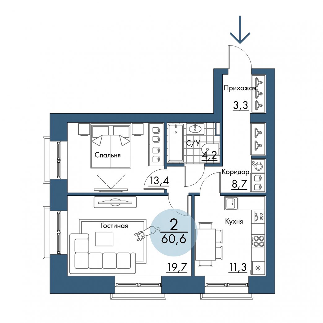 Фото объекта 2-комнатная квартира в ПОРТОВЫЙ - лофт-район на берегу Енисея, 2-й этаж, 2к, 60.60м² от застройщика Арбан — 21165