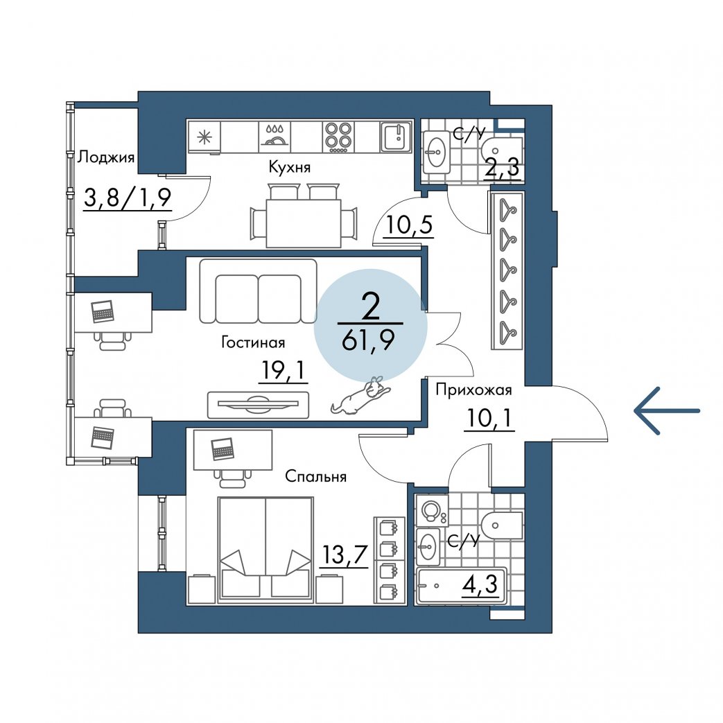 Фото объекта 2-комнатная квартира в ПОРТОВЫЙ - лофт-район на берегу Енисея, 9-й этаж, 2к, 61.90м² от застройщика Арбан — 21222