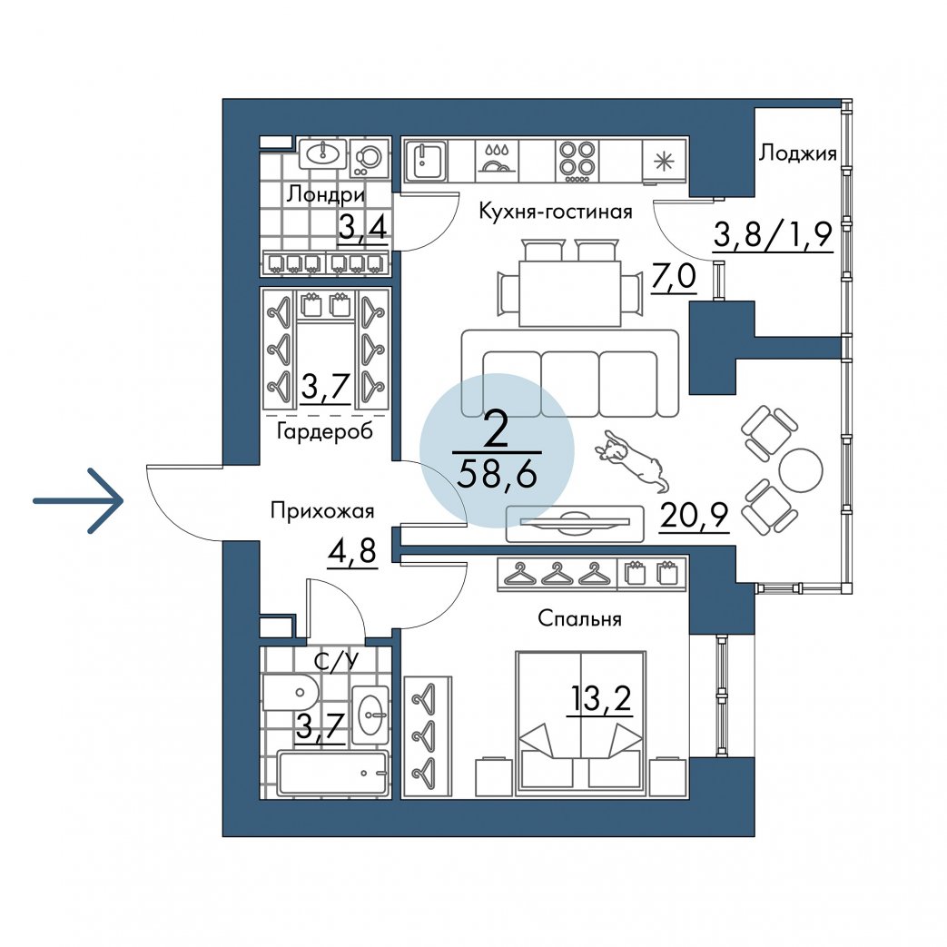 Фото объекта 2-комнатная квартира в ПОРТОВЫЙ - лофт-район на берегу Енисея, 15-й этаж, 2к, 58.60м² от застройщика Арбан — 21278