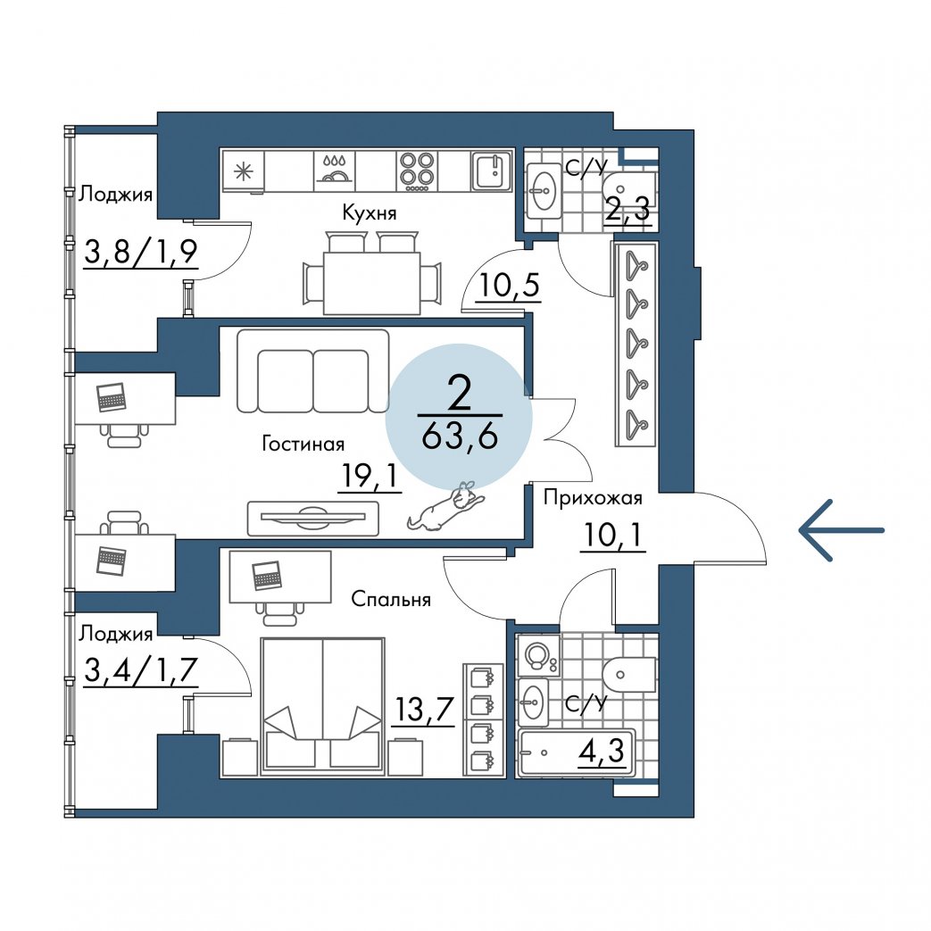 Фото объекта 2-комнатная квартира в ПОРТОВЫЙ - лофт-район на берегу Енисея, 5-й этаж, 2к, 63.60м² от застройщика Арбан — 21190