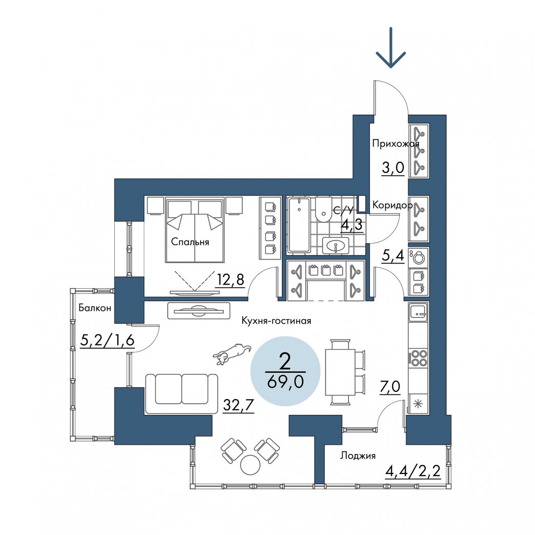 Фото объекта 2-комнатная квартира в ПОРТОВЫЙ - лофт-район на берегу Енисея, 14-й этаж, 2к, 69.00м² от застройщика Арбан — 21261