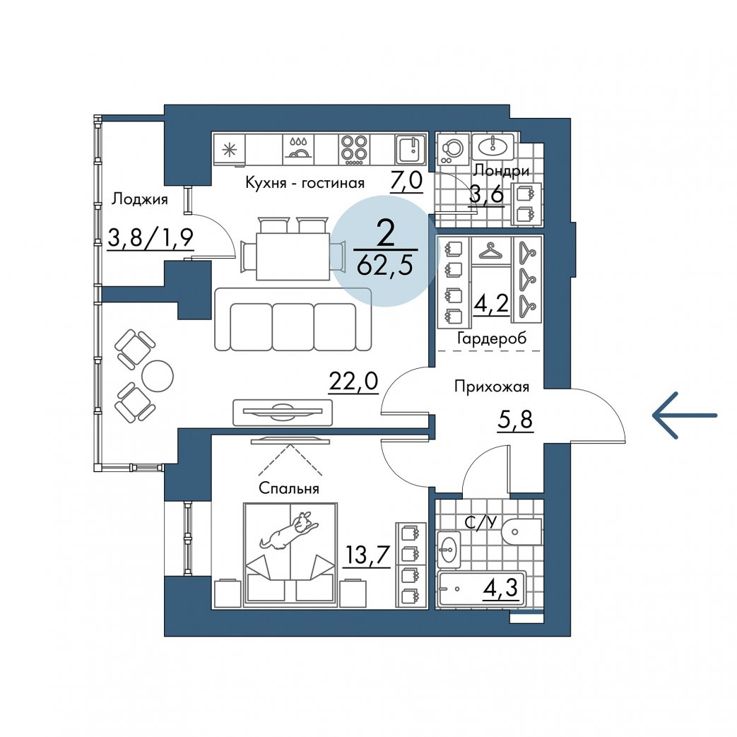 Фото объекта 2-комнатная квартира в ПОРТОВЫЙ - лофт-район на берегу Енисея, 14-й этаж, 2к, 62.50м² от застройщика Арбан — 21262
