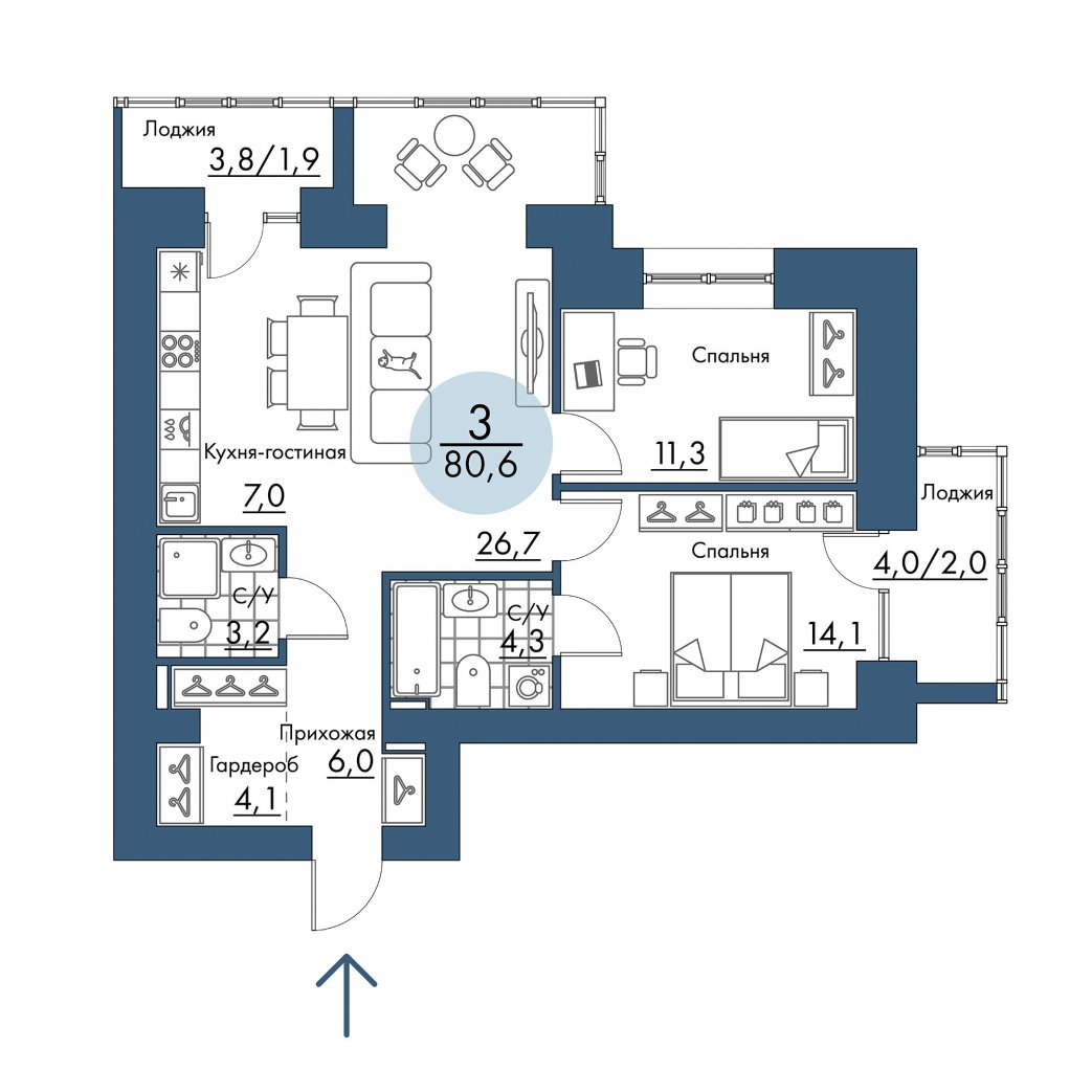 Фото объекта 3-комнатная квартира в ПОРТОВЫЙ - лофт-район на берегу Енисея, 13-й этаж, 3к, 80.60м² от застройщика Арбан — 21256