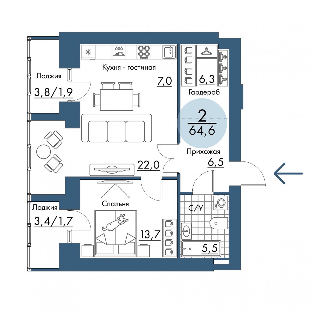 Фото объекта 2-комнатная квартира в ПОРТОВЫЙ - лофт-район на берегу Енисея, 17-й этаж, 2к, 64.60м² от застройщика Арбан — 21286